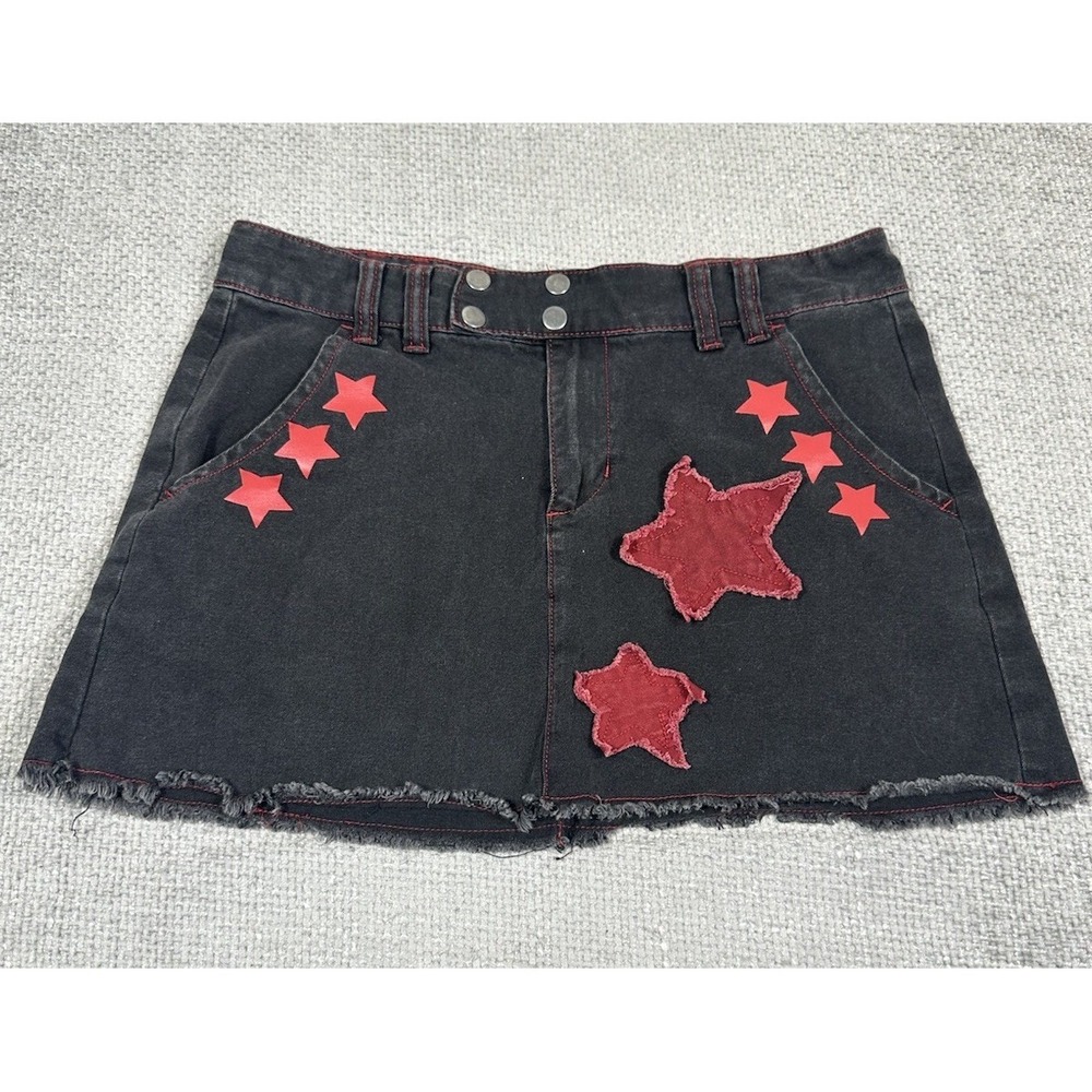 HOT TOPIC Social Collision Black Denim Mini Skirt Stars Emo Goth Punk Grunge M